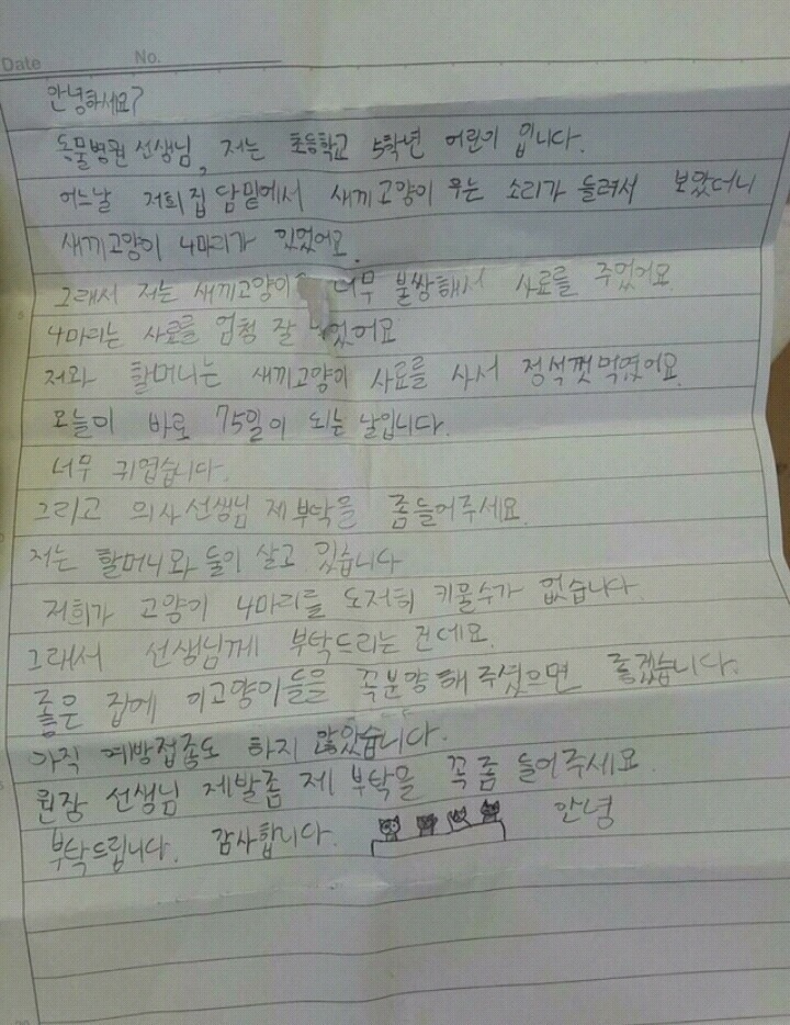 한 초등학생이 동물병원에 놓고 간 4마리의 고양이와 편지.JPG | 인스티즈