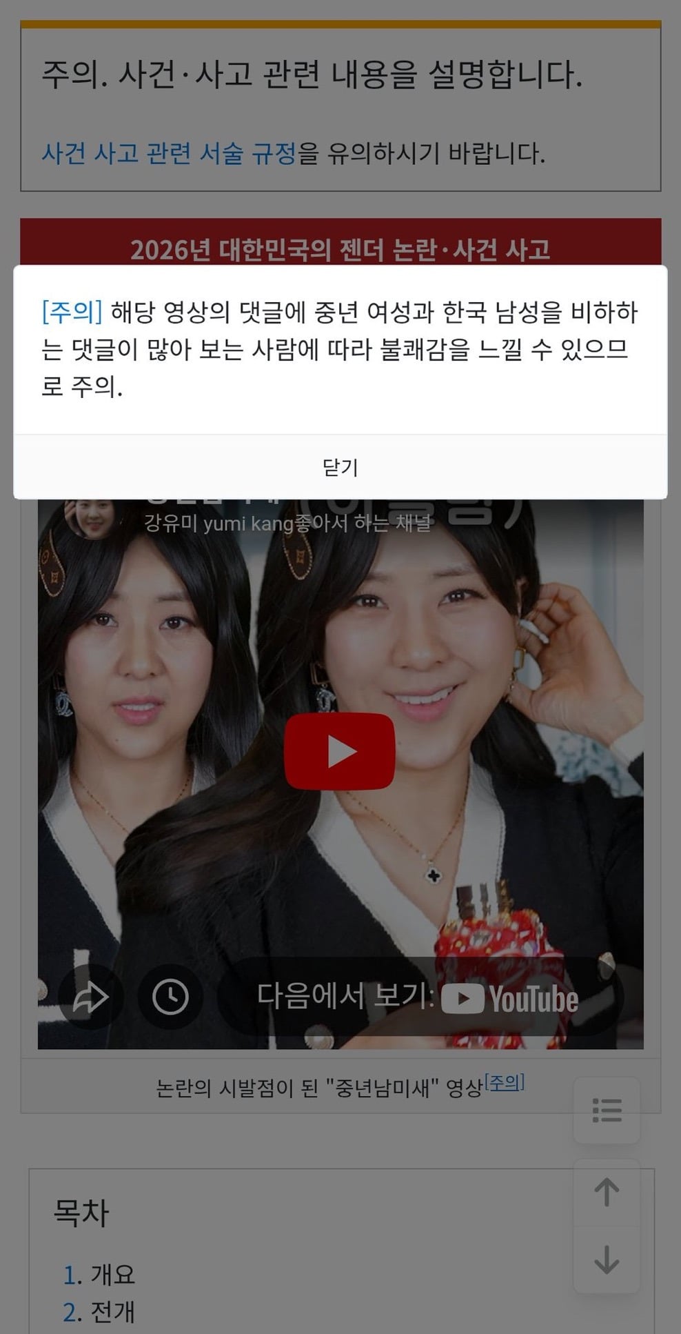 무려 6나무위키 2026년 대한민국 젠더 논란 사건 사고9에 박제된 중년 ㄴㅁㅅ 강유미 영상 | 인스티즈