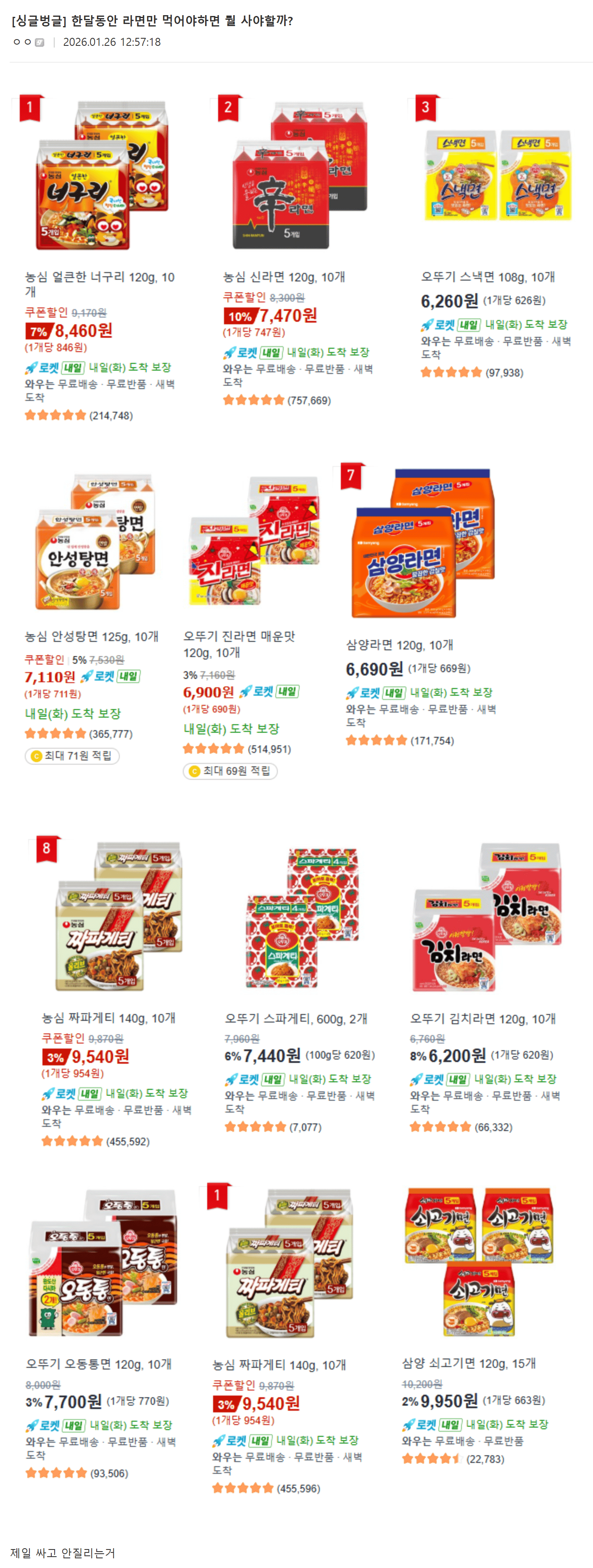 한달동안 라면만 먹어야하면 뭘 사야할까? | 인스티즈