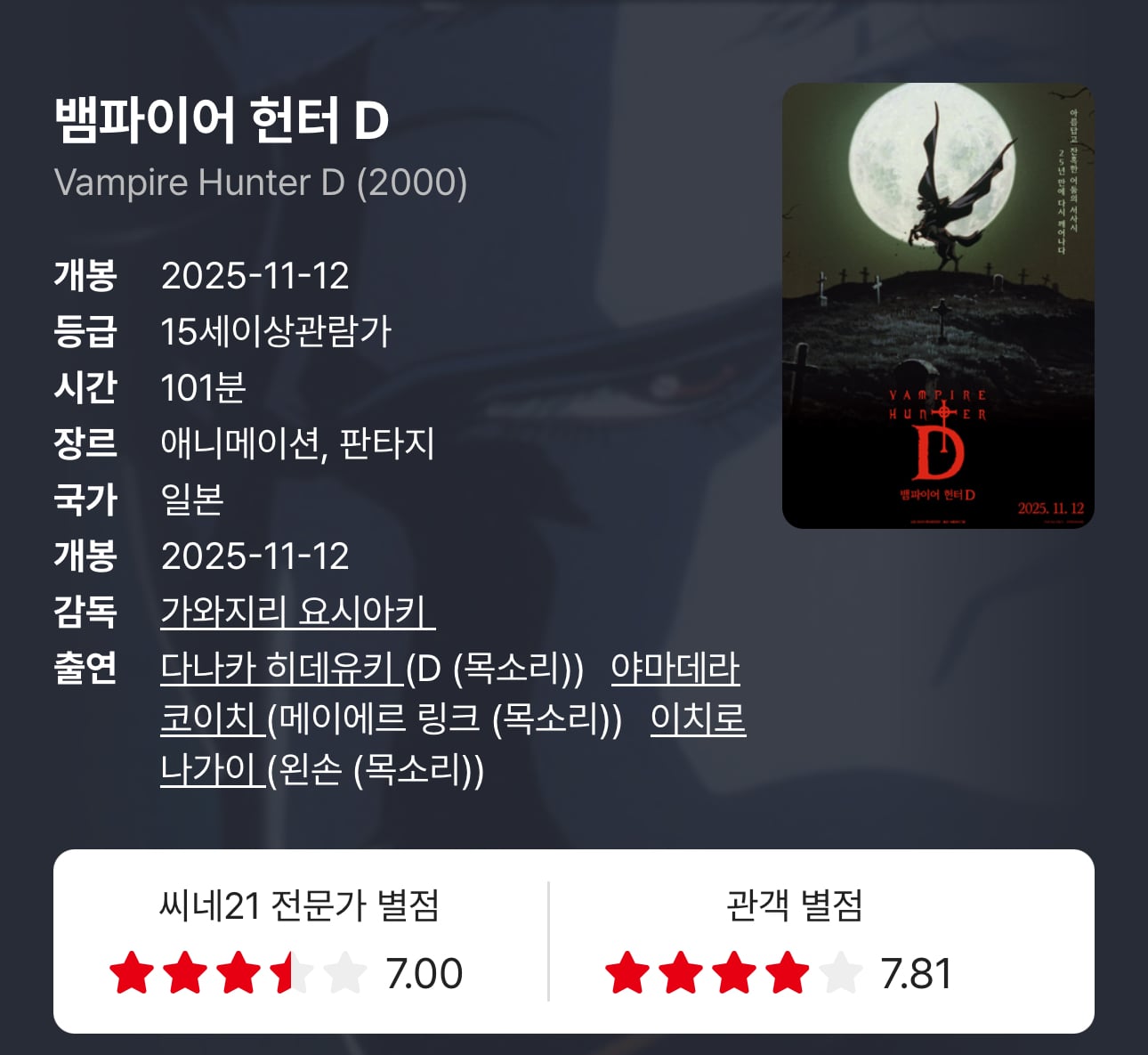 <뱀파이어 헌터 D> 씨네21 전문가 한줄평&별점 | 인스티즈