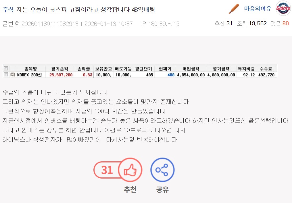 저는 오늘이 코스피 고점이라고 생각합니다. 48억 인버스 배팅 | 인스티즈