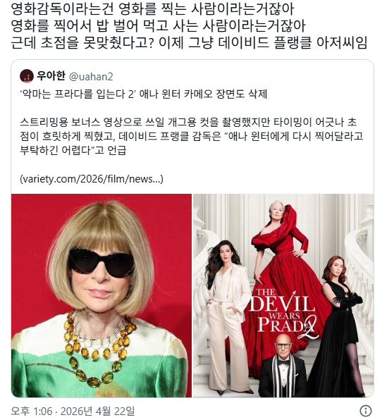 '악마는 프라다를 입는다 2' 애나 윈터 카메오 장면도 삭제 | 인스티즈