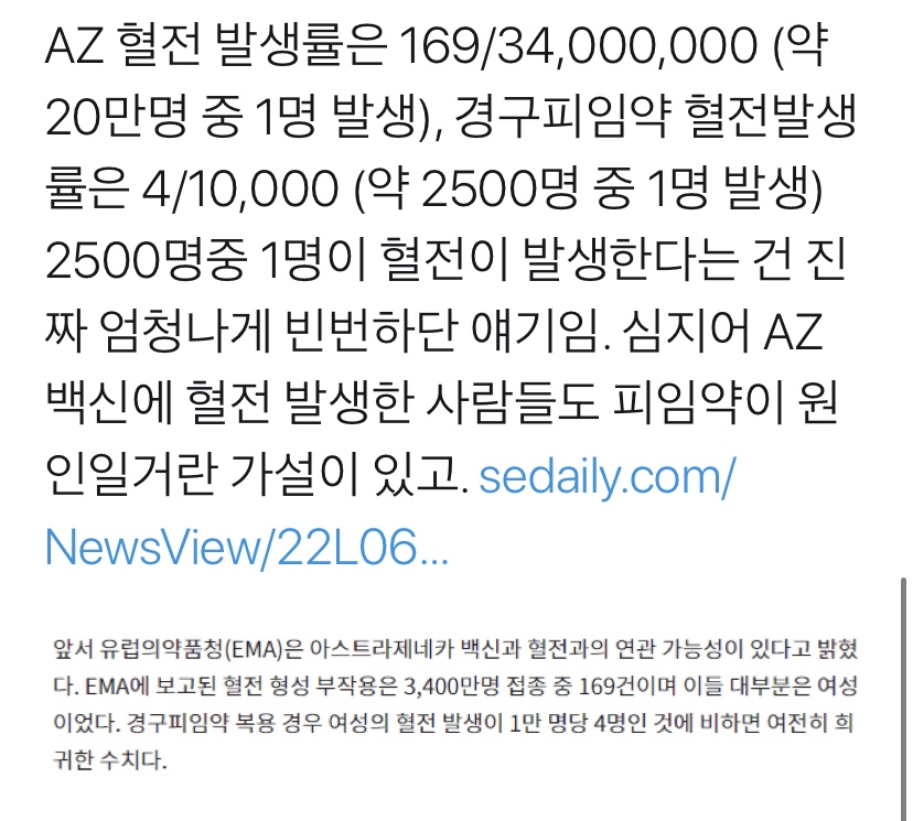 혈전 발생확률: 아스트라제네카경구피임약임신.twt | 인스티즈