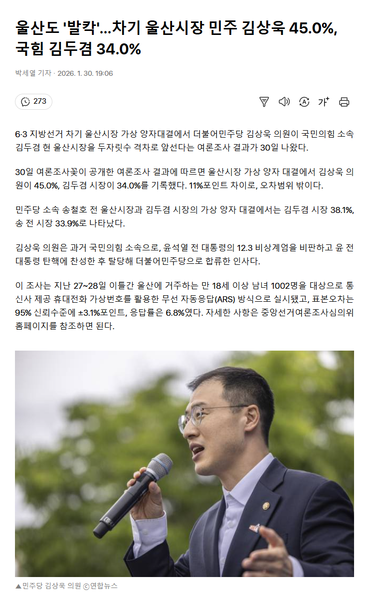 울산도 '발칵'…차기 울산시장 민주 김상욱 45.0%, 국힘 김두겸 34.0% | 인스티즈
