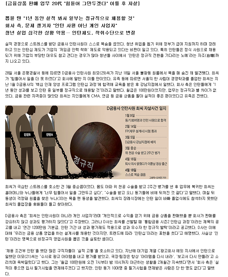 금융사 실적압박에 자살한 20대 인턴사원 | 인스티즈