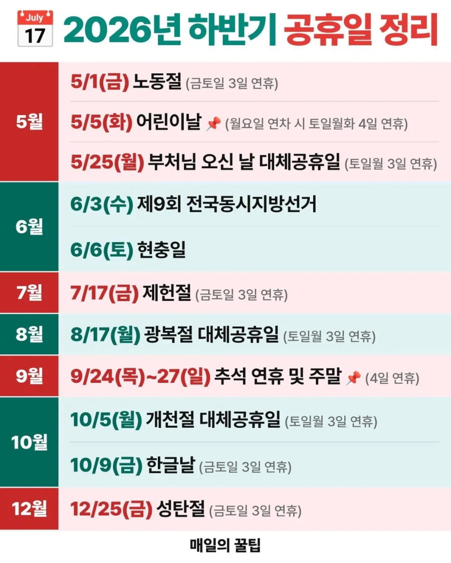 5월부터 하반기 공휴일 총정리 | 인스티즈