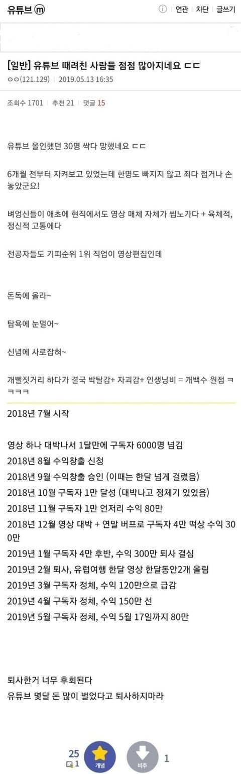 퇴사한 유투버의 후회 | 인스티즈