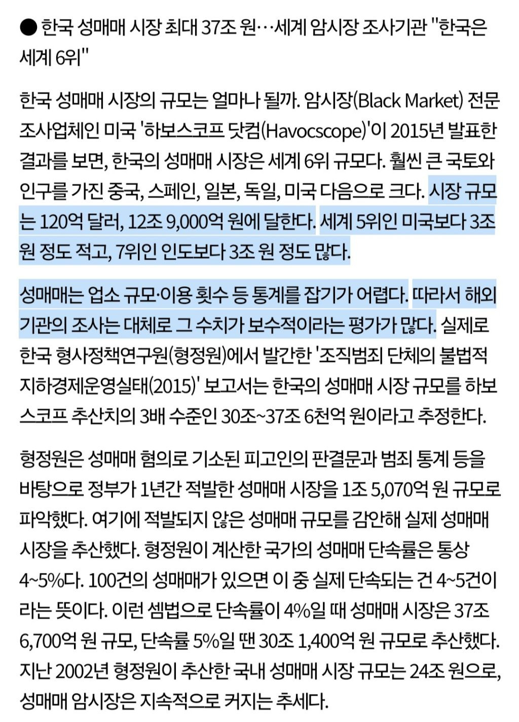 한국 성매매 시장 규모 세계 6위(국가 규모 대비 세계 최고 수준) | 인스티즈