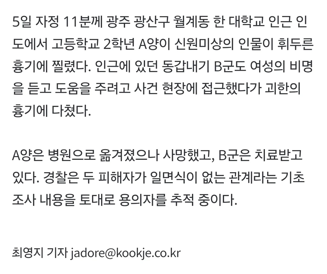 광주 도심서 고교생 2명 공격당해 1명 사망, 1명 부상 | 인스티즈