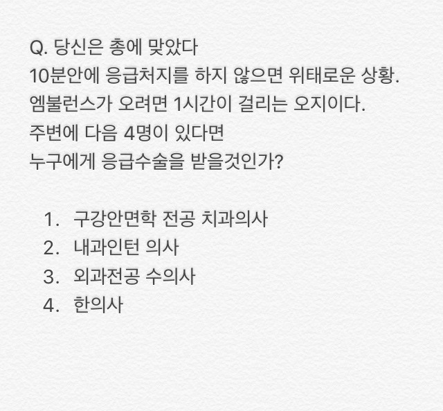 총에 맞았다면 다음 4명 중 누구에게 응급 수술을 받을것인가? | 인스티즈