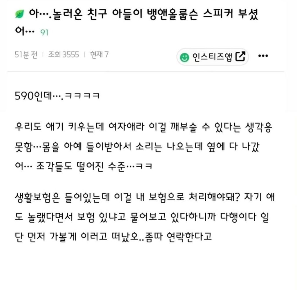놀러온 친구아들이 스피커 부셨는데 | 인스티즈