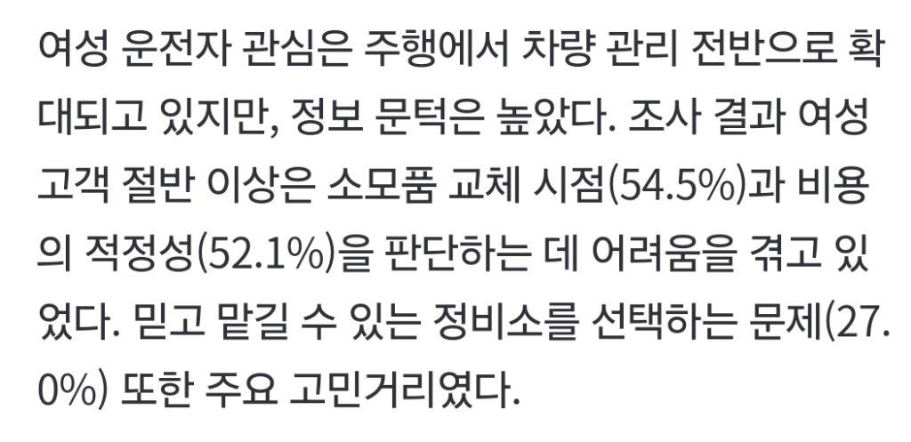 여성운전자, 76%는 차량관리 '정보 갈증' 느낀다…높은 부품·보험 문턱 | 인스티즈