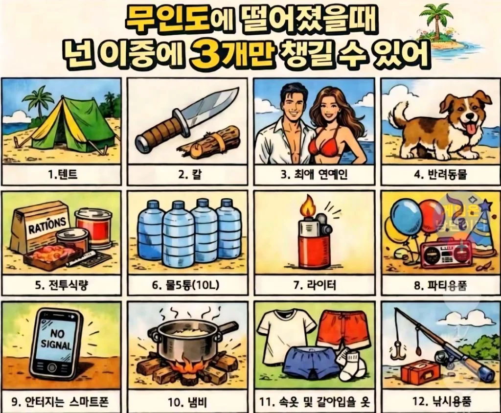 무인도에 떨어졌는데 3개만 챙길 수 있다면? | 인스티즈