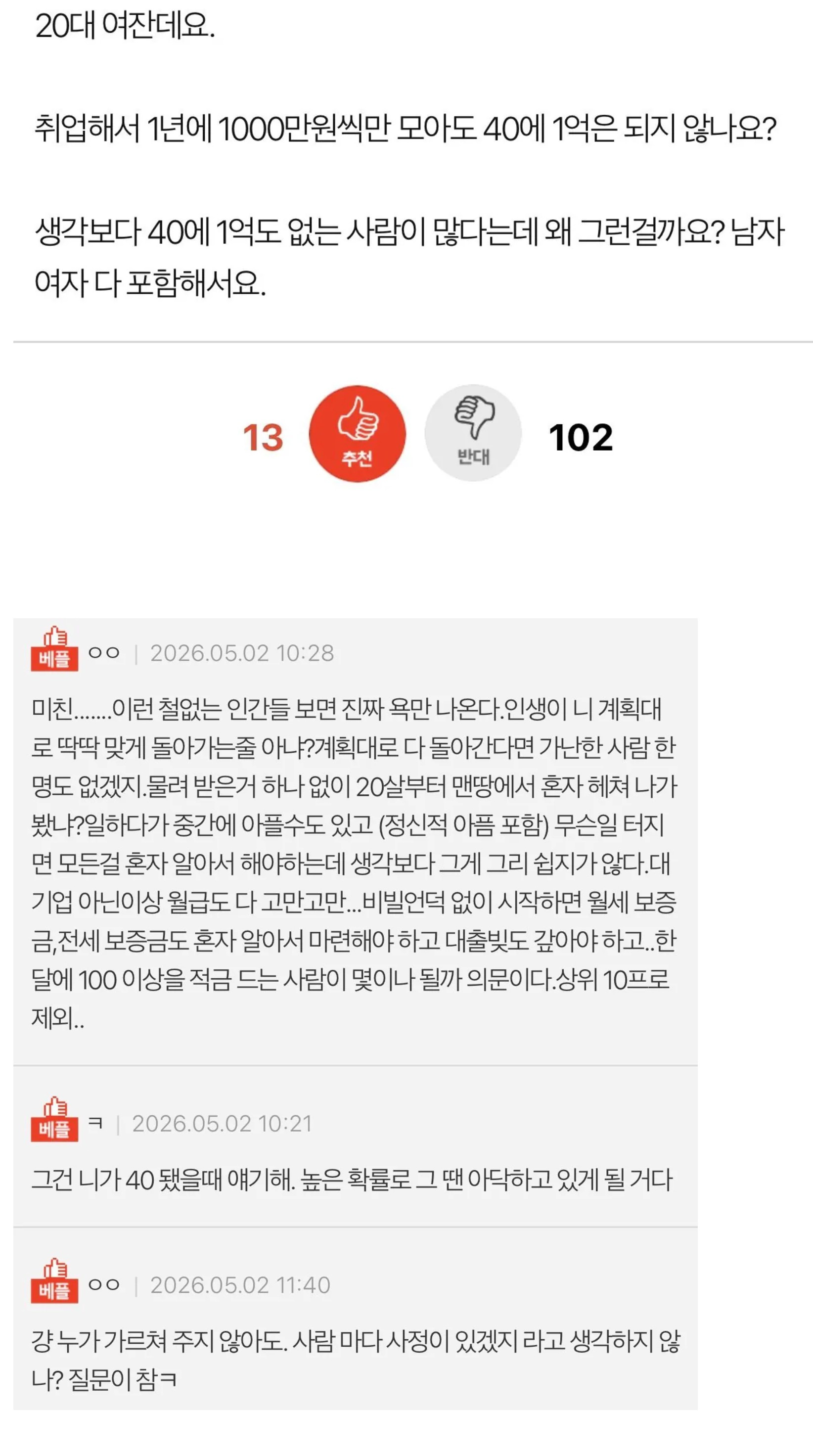 40살에 1억도 없는 사람들은 뭘까요? | 인스티즈