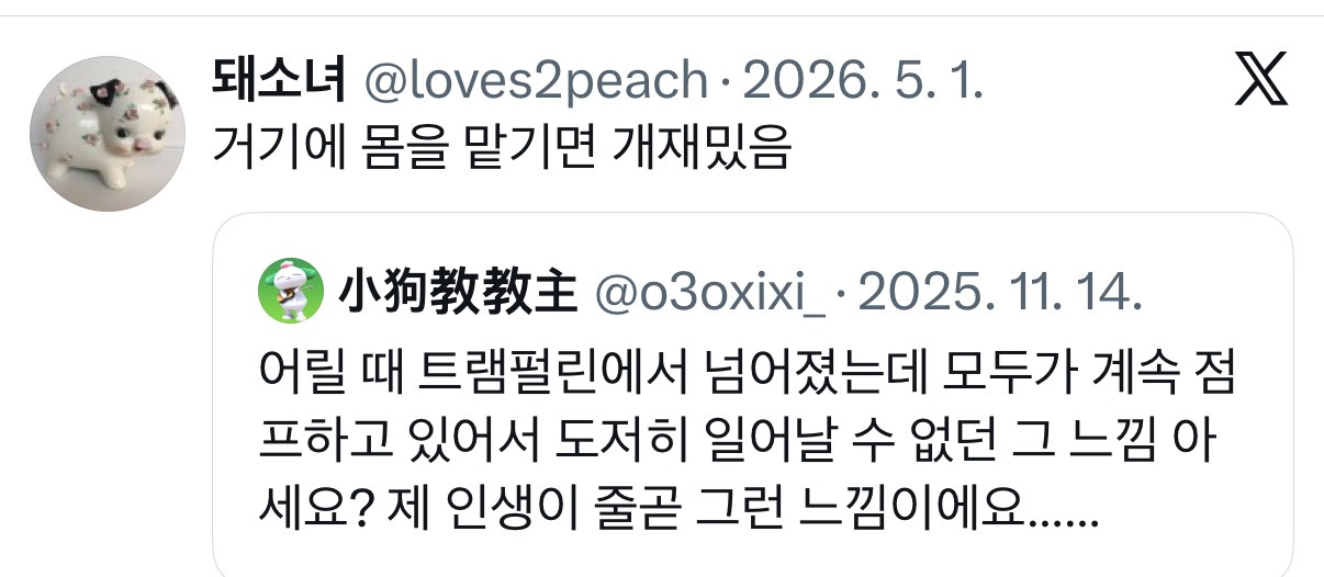 어릴 때 트램펄린에서 넘어졌는데 모두가 계속 점프하고 있어서 도저히 일어날 수 없던 그 느낌 아세요?.twt | 인스티즈