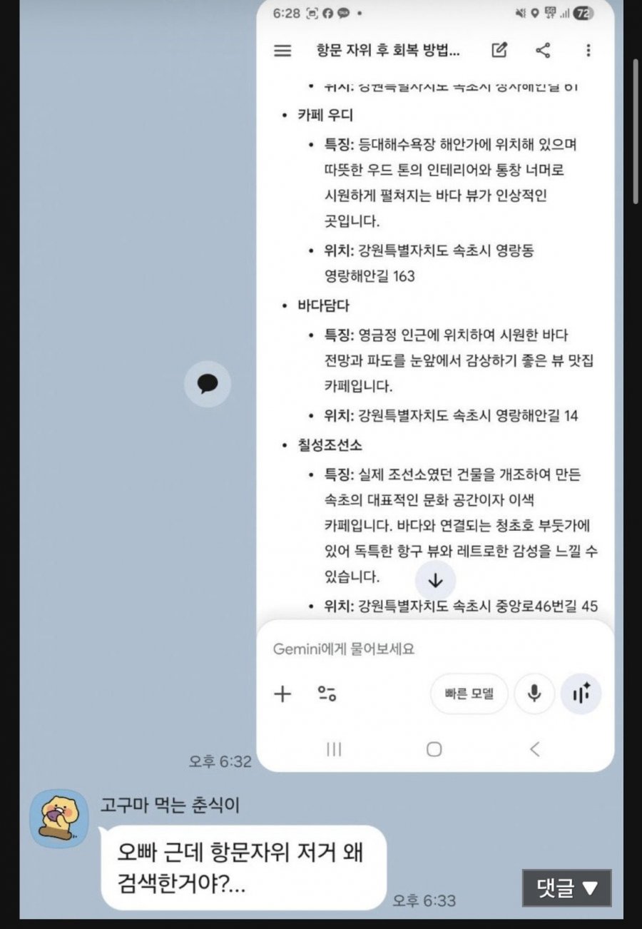여친에게 제미나이 카페 검색 캡쳐보내다가 멘붕옴 | 인스티즈