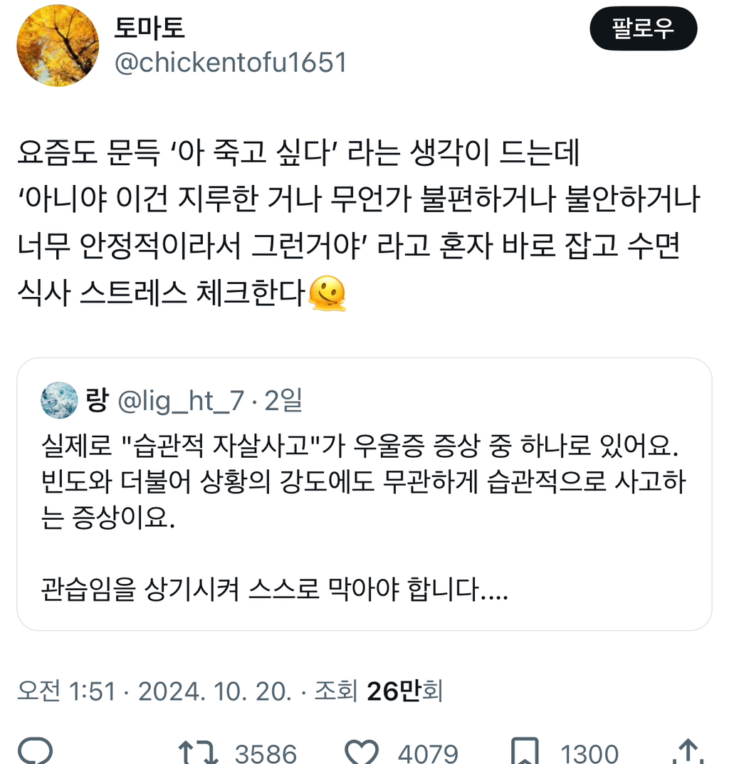 우울증을 건너온 사람들의 머릿속에는 죽음으로 향하는 몹시 튼튼하고 잘 닦인 현수교가 잇는 거 같음.twt | 인스티즈