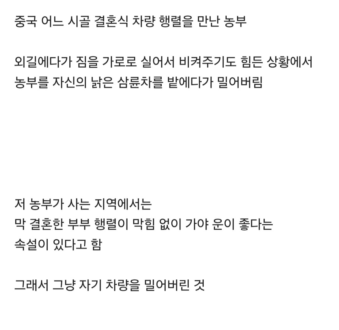 외길에서 결혼식 차량을 만난 중국 농부의 행동 | 인스티즈