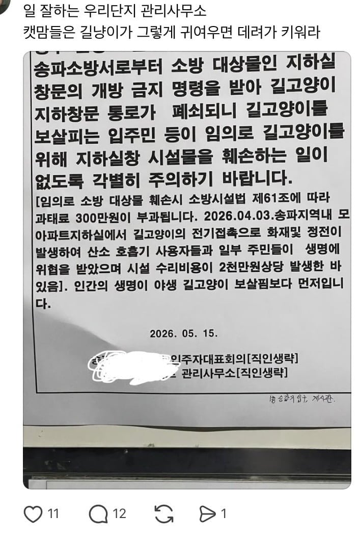 아파트 관리사무소가 길고양이 지하통로를 막은 이유 | 인스티즈