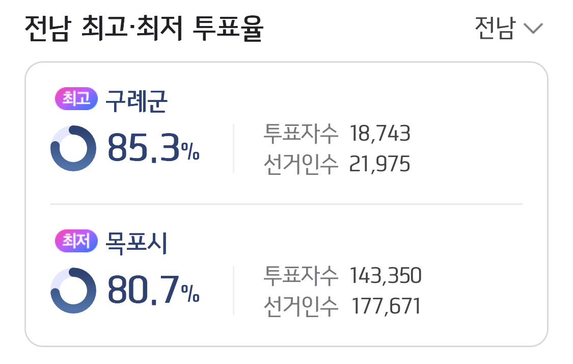 전 지역 투표율이 80프로를 넘긴 전라남도 | 인스티즈