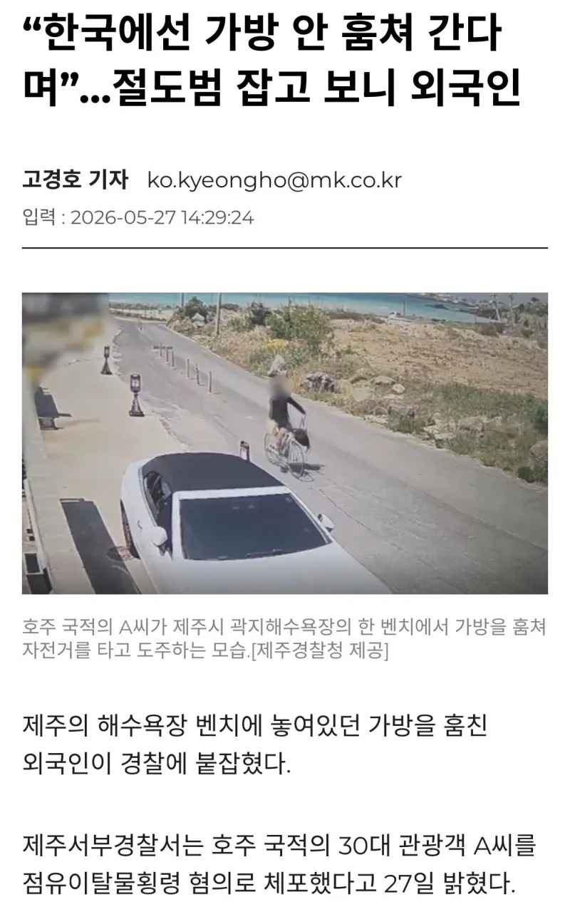 "한국에선 가방 안 훔쳐 간다며”…절도범 잡고 보니 외국인 | 인스티즈