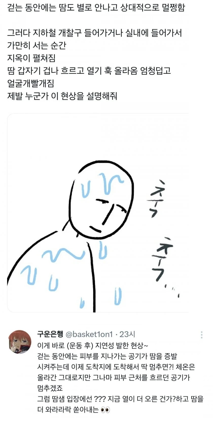 움직일땐 괜찮은데 가만히 있으면 땀이 나는 증상 | 인스티즈