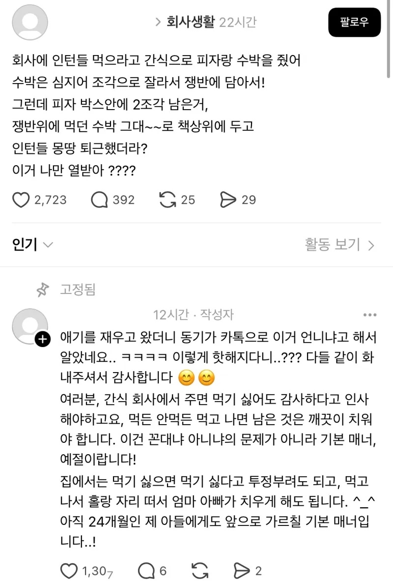 회사에서 준 간식을 먹고 안 치운 인턴 | 인스티즈