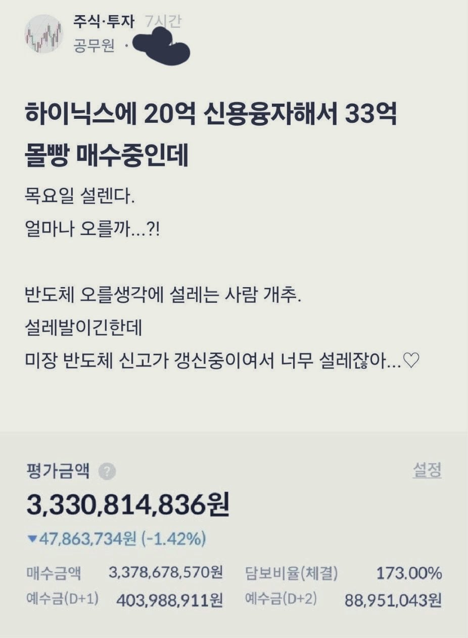 하이닉스에 20억 신용융자해서 33억 몰빵 매수중인데 | 인스티즈