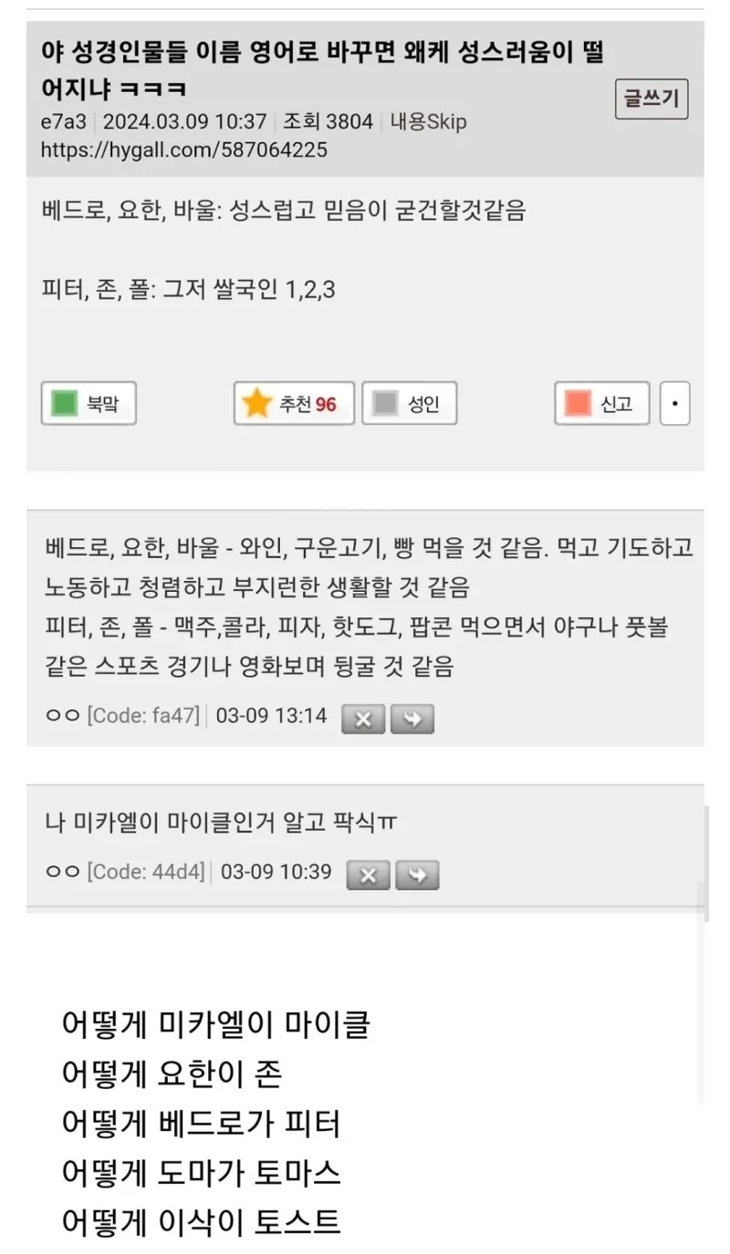 야 성경인물들 이름 영어로 바꾸면 왜케 성스러움이 떨어지냐 | 인스티즈