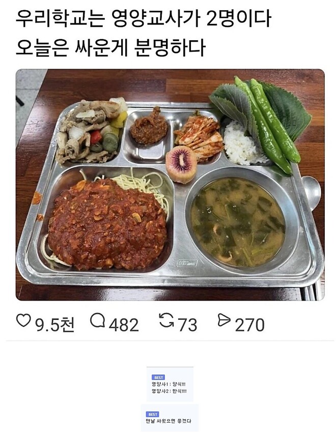 영양사가 싸우면 생기는 급식 조합 | 인스티즈