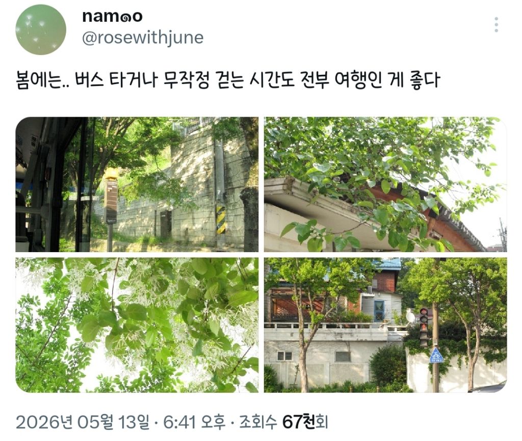 봄에는 버스 타거나 무작정 걷는 시간도 전부 여행인 게 좋다.twt | 인스티즈