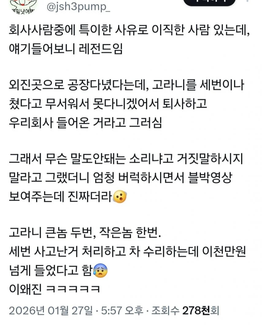 고라니 때문에 이직한 사람 | 인스티즈
