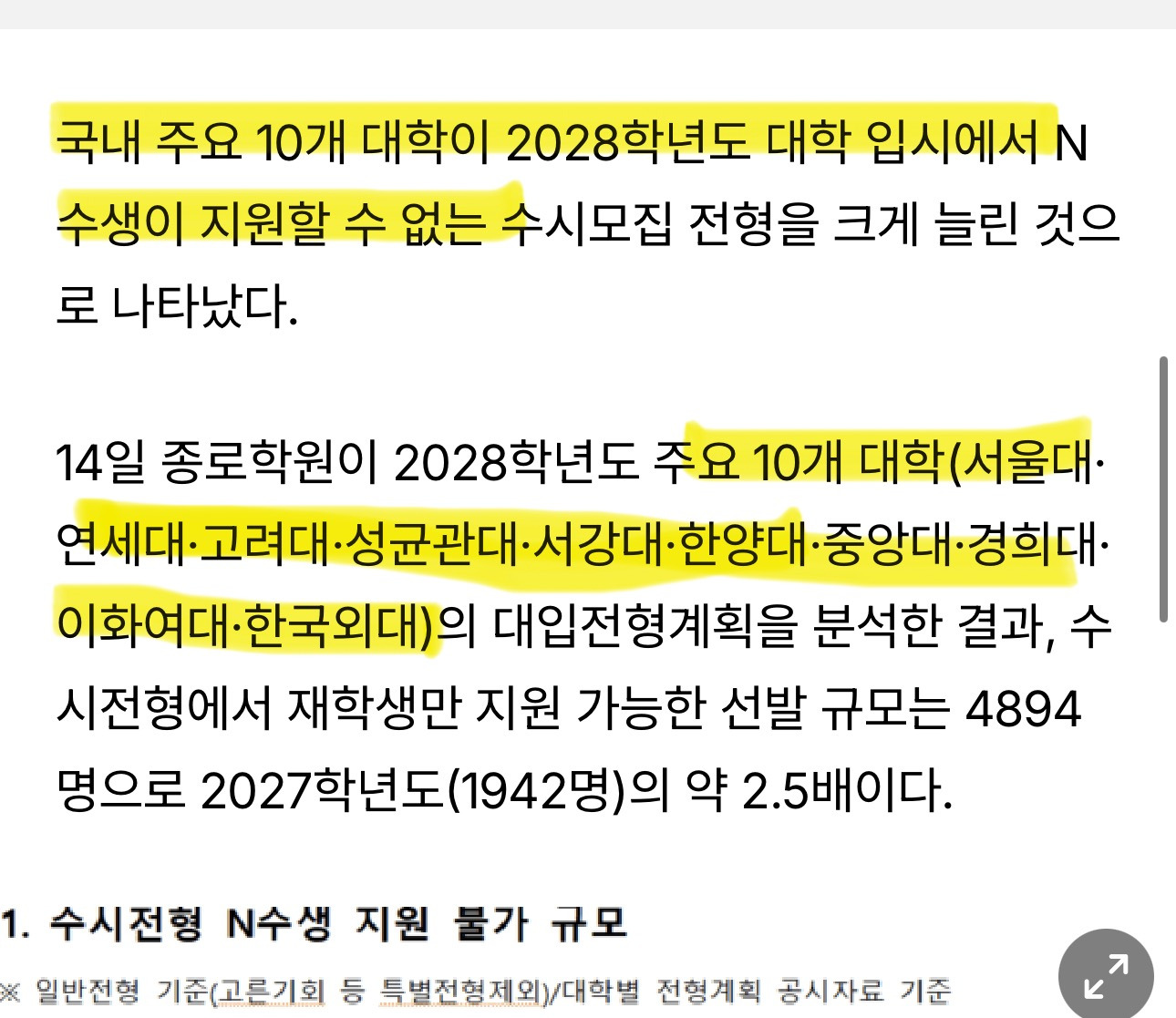 주요 10개 대학, 2028년 수시에서 N수생 지원불가 전형 2.5배 늘려 | 인스티즈
