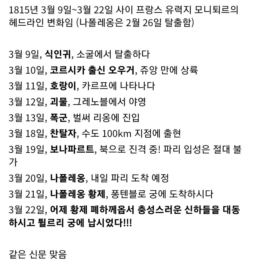 나폴레옹 엘바섬 탈출 후 한 프랑스 신문의 호칭 변화 | 인스티즈