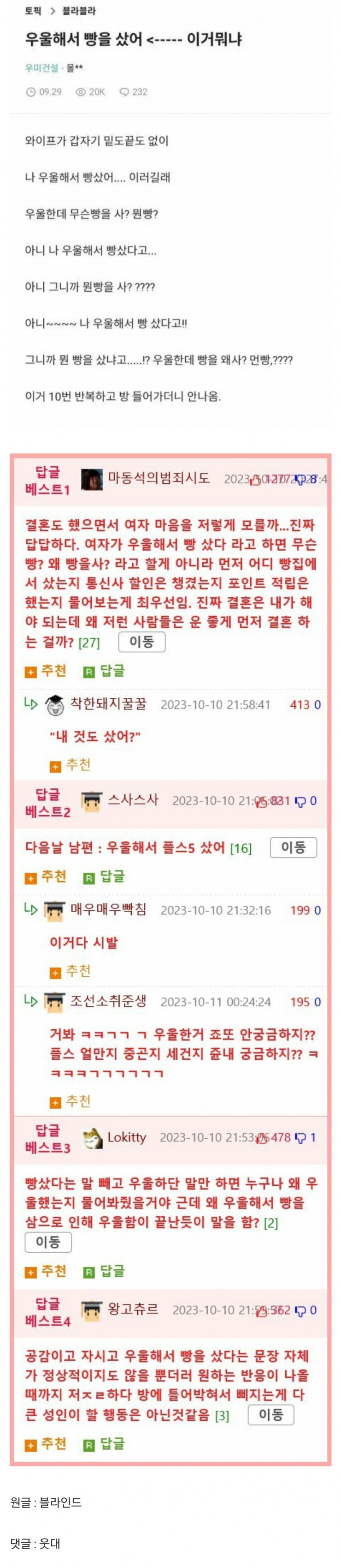 빵을 산 와이프를 이해 못하는 블라인 | 인스티즈
