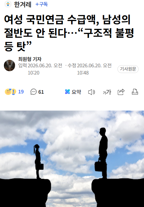여성 국민연금 수급액, 남성의 절반도 안 된다…"구조적 불평등 탓” | 인스티즈