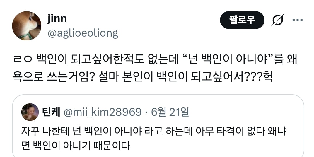 자꾸 나한테 넌 백인이 아니야 라고 하는데 아무 타격이 없다 | 인스티즈