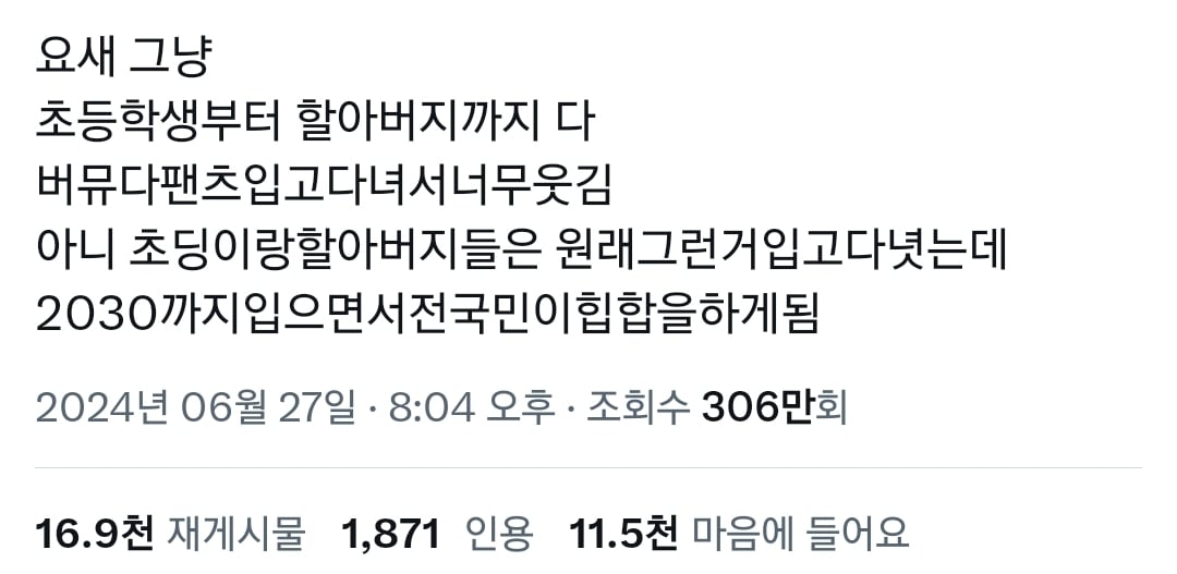 요새 그냥 초딩부터 할아버지까지 다 버뮤다팬츠 입고 다녀서 너무 웃김.twt | 인스티즈