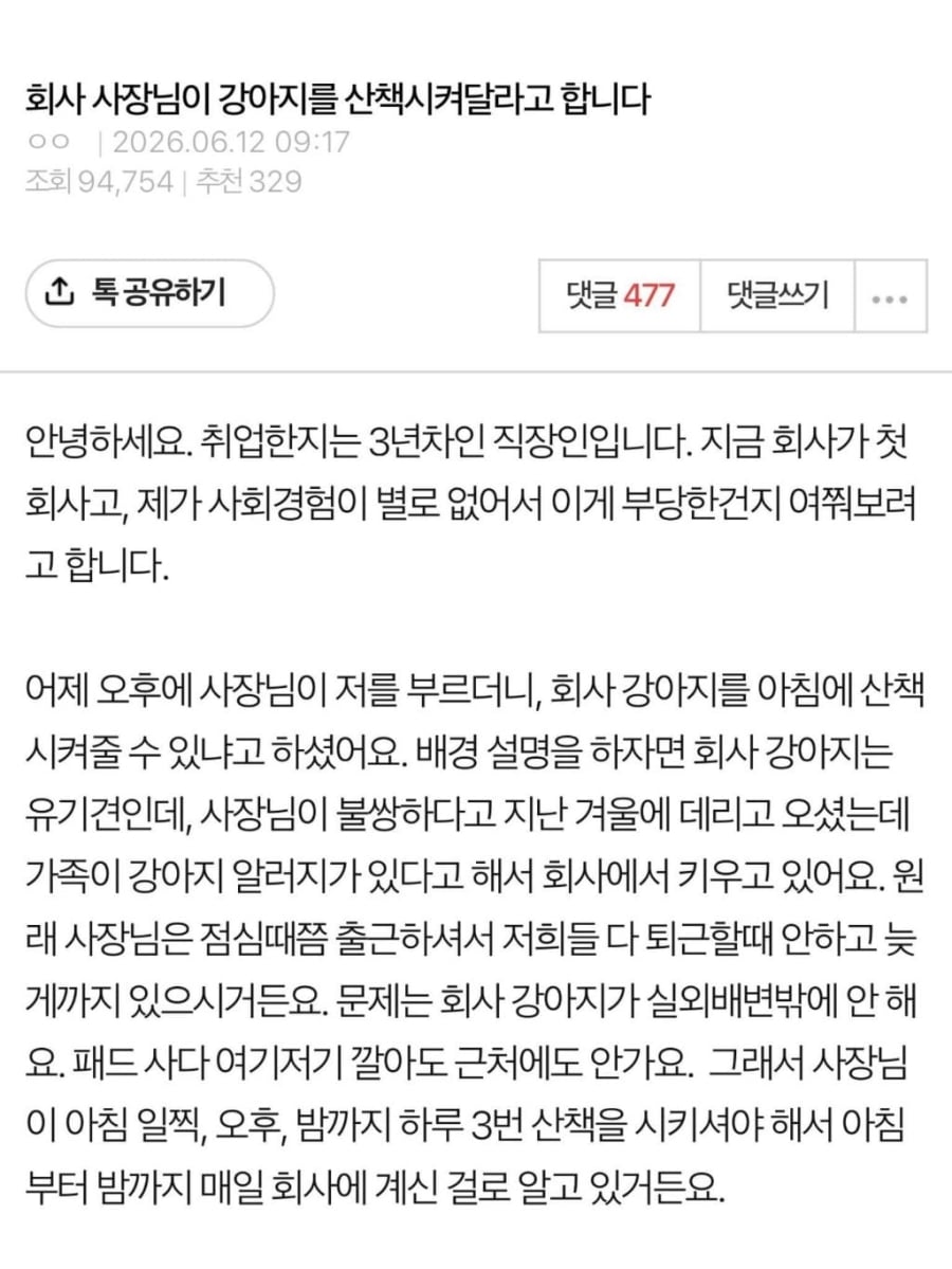 회사 사장님이 강아지를 산책 시켜 달라고 합니다 | 인스티즈