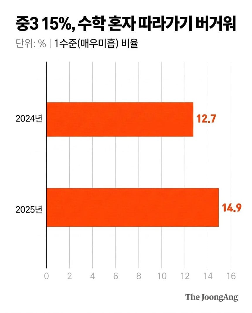 중3 15%, 수학 "혼자 따라가기 벅찬 단계”…자신감·흥미 동반 하락 | 인스티즈