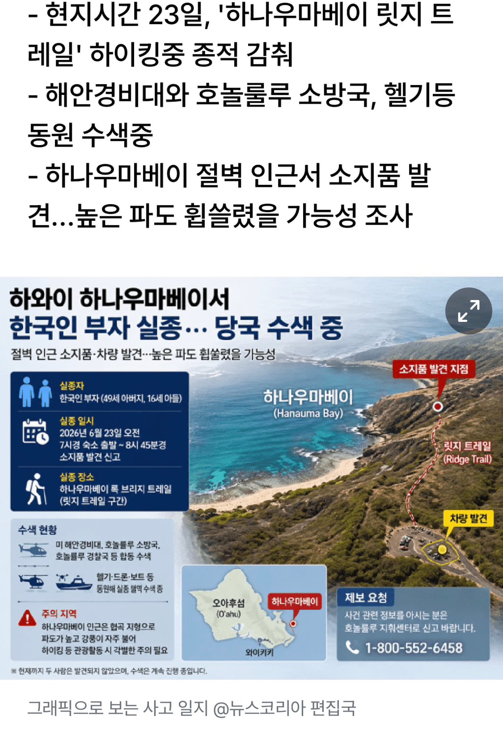 하와이 관광 나선 한국인 부자 실종…미 당국 헬기·드론 동원 수색 | 인스티즈