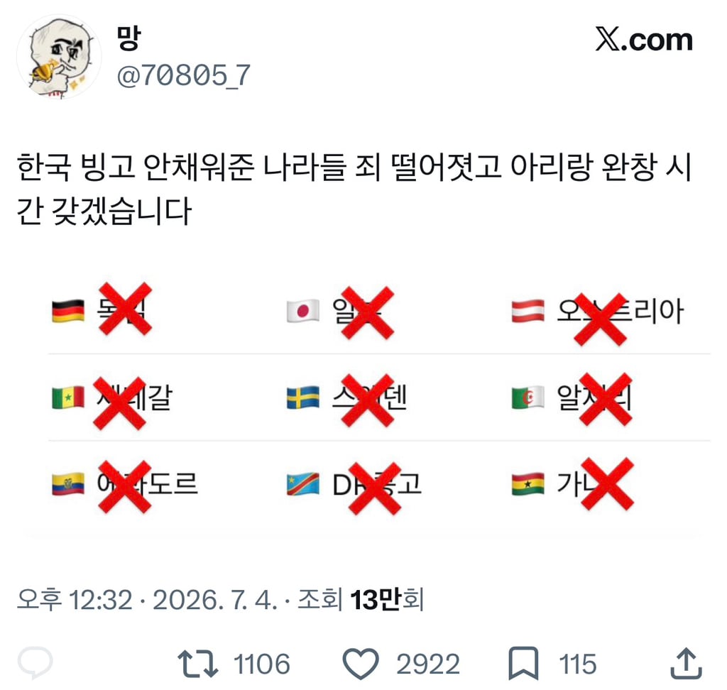 한국 빙고 안채워준 나라들 죄 떨어졋고 아리랑 완창 시간 갖겠습니다...jpg | 인스티즈