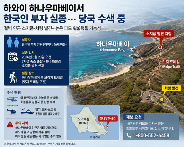 하와이 관광 나선 한국인 부자 실종…미 당국 헬기·드론 동원 수색 | 인스티즈