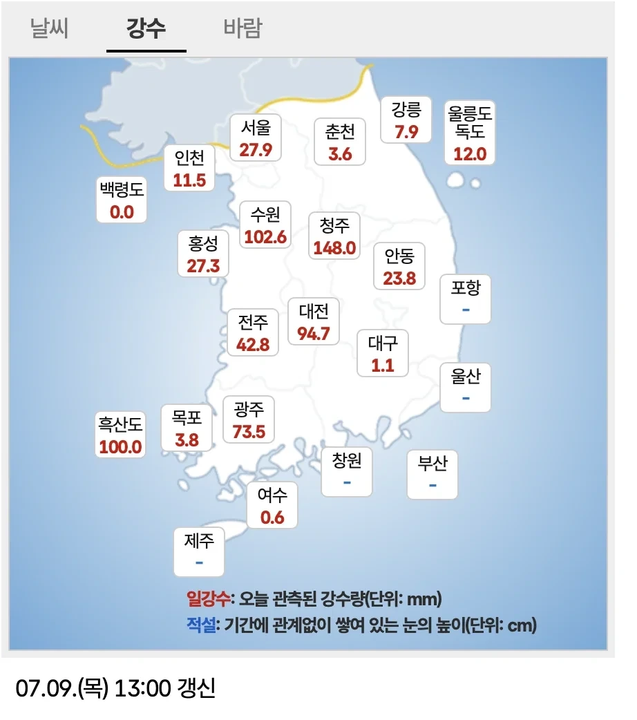 오늘자 전국 누적 강수량 | 인스티즈