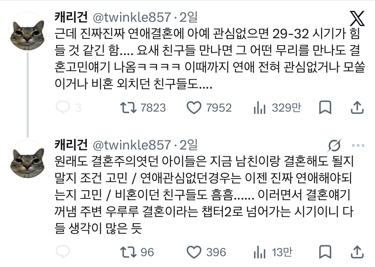 근데 진짜진짜 연애결혼에 아예 관심없으면 29-32 시기가 힘들 것 같긴 함....twt | 인스티즈