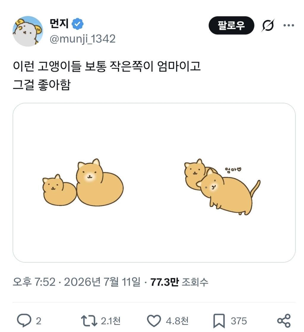 고앵이들 보통 작은쪽이 엄마이고 | 인스티즈