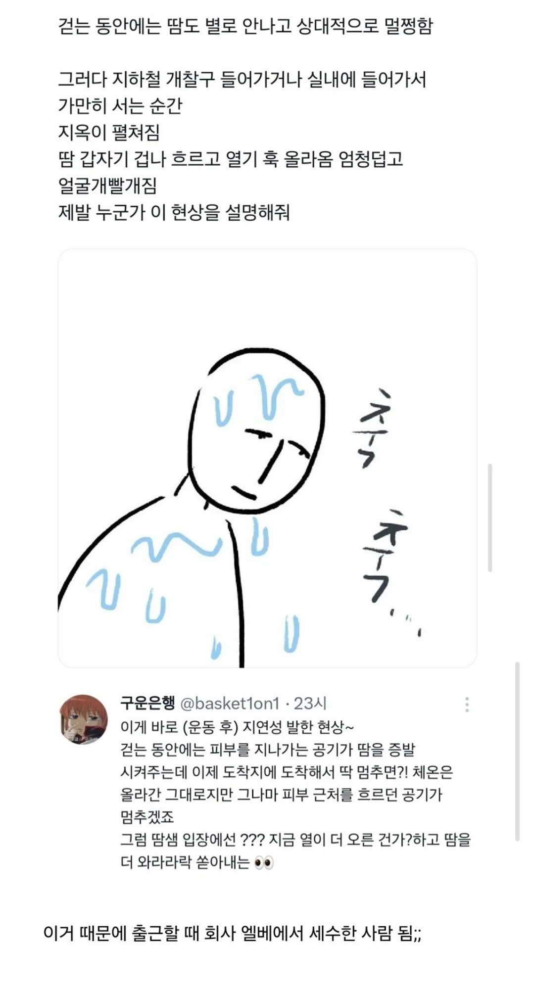 걷는 동안 땀 안 나다가 멈추면 땀 폭팔함 | 인스티즈