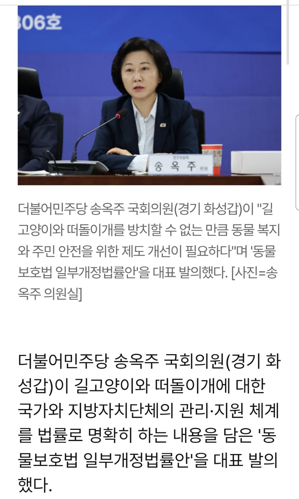 송옥주 의원, 길고양이·떠돌이개 관리 지원 근거 담은 동물보호법 개정안 발의 | 인스티즈
