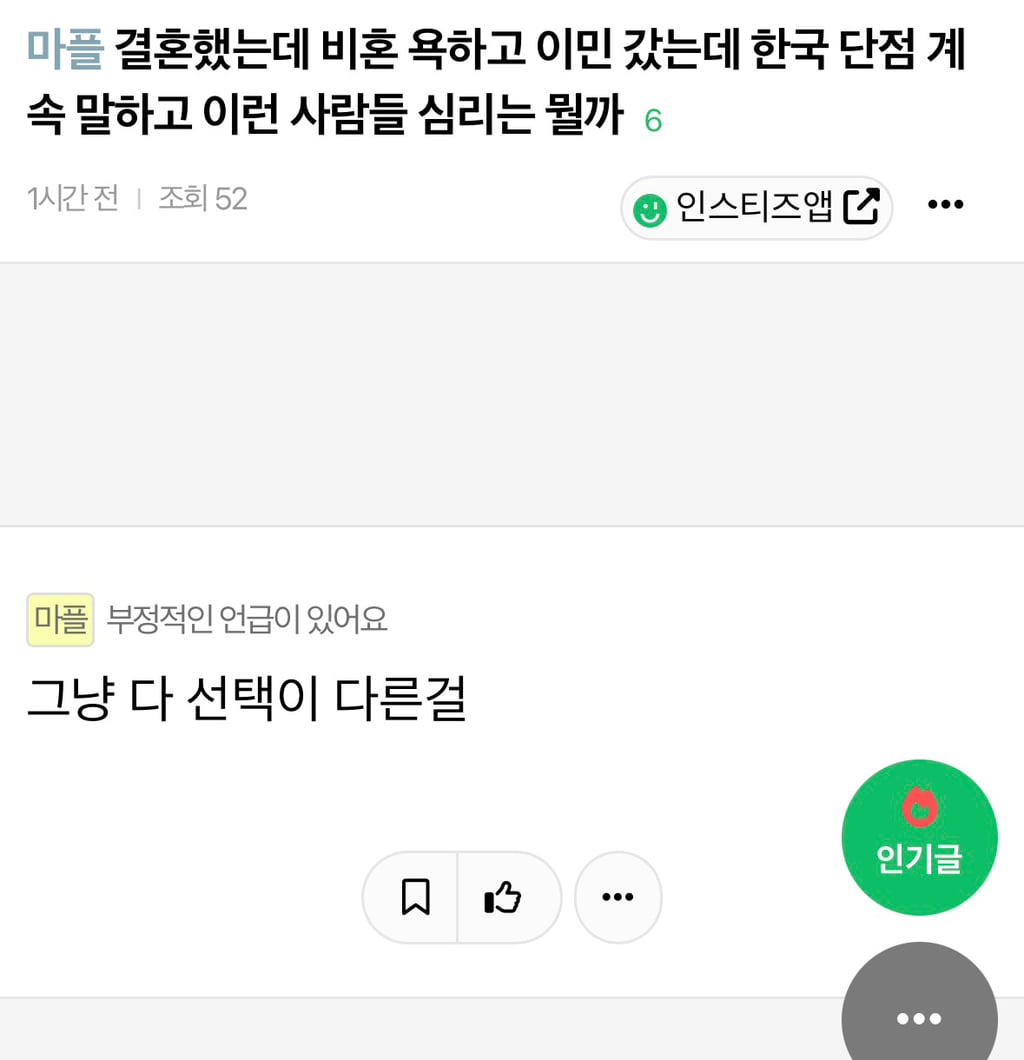 결혼했는데 비혼 욕하고 이민 갔는데 한국 단점 계속 말하고 이런 사람들 심리는 뭘까 | 인스티즈