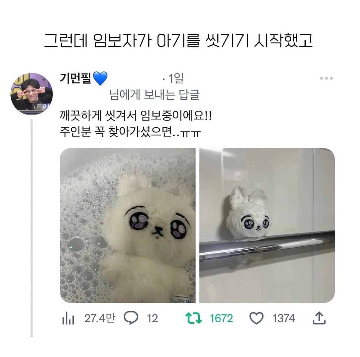 정국 인형을 임보 후 귀가시켜준 원필 팬 | 인스티즈